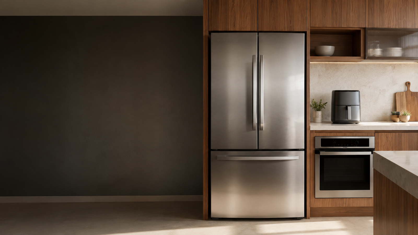 Cozinha contemporânea com geladeira inox